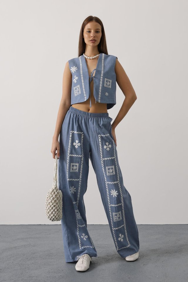 Baskılı Önü Bağlamalı Yelekli Takım - İndigo