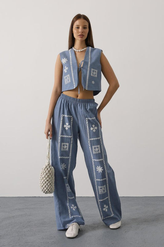 Baskılı Önü Bağlamalı Yelekli Takım - İndigo