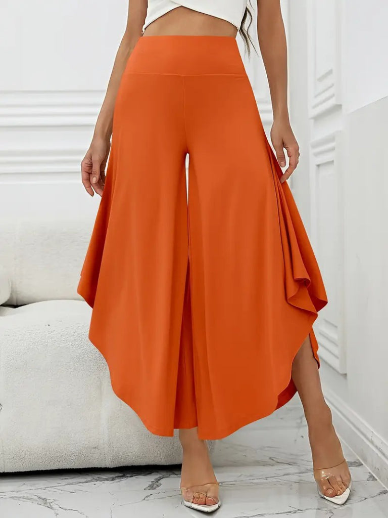 Kadın Yüksek Belli Geniş Paçalı Yanlardan Açık Sandy Pantolon