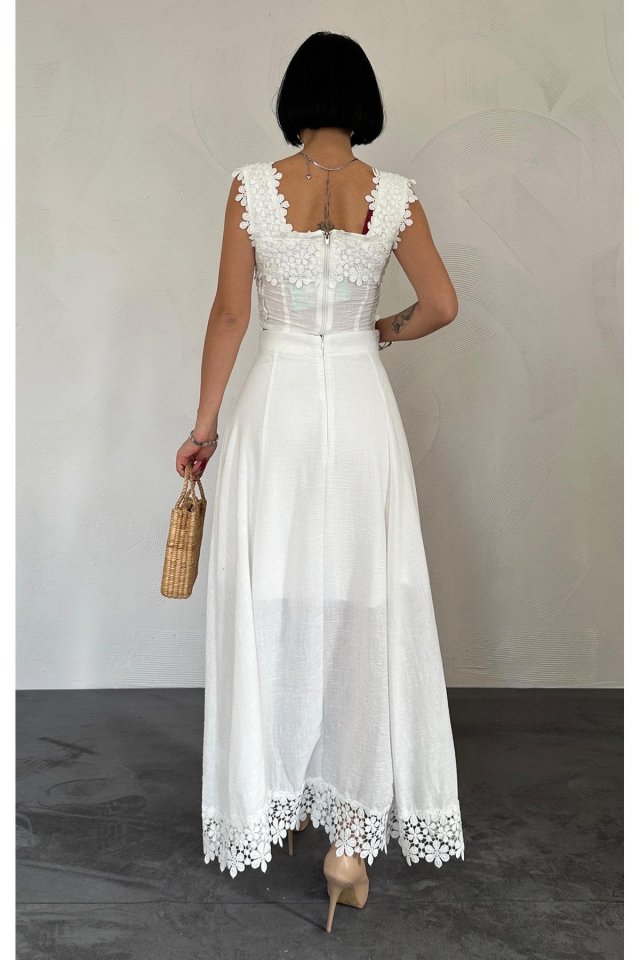 Beyaz Güpürlü Crop Ve Etek Takım