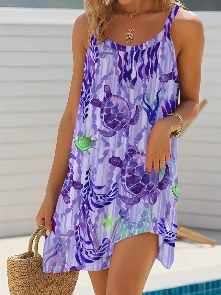 Kadın Askılı Yuvarlak Yaka Kaplumbağa Desenli Süprem Elbise