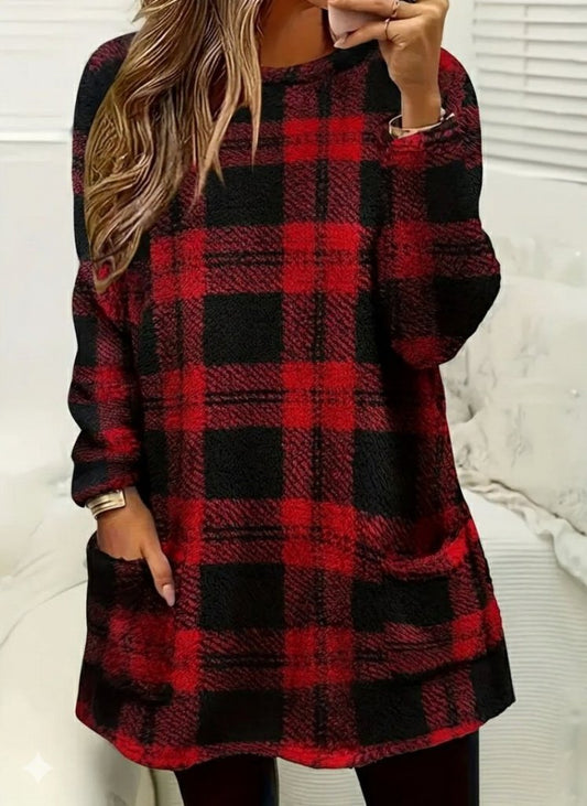 Kadın Uzun Kollu Yarı Balıkçı Yakalı Cep Detaylı Ekoseli Dokuma Tunik