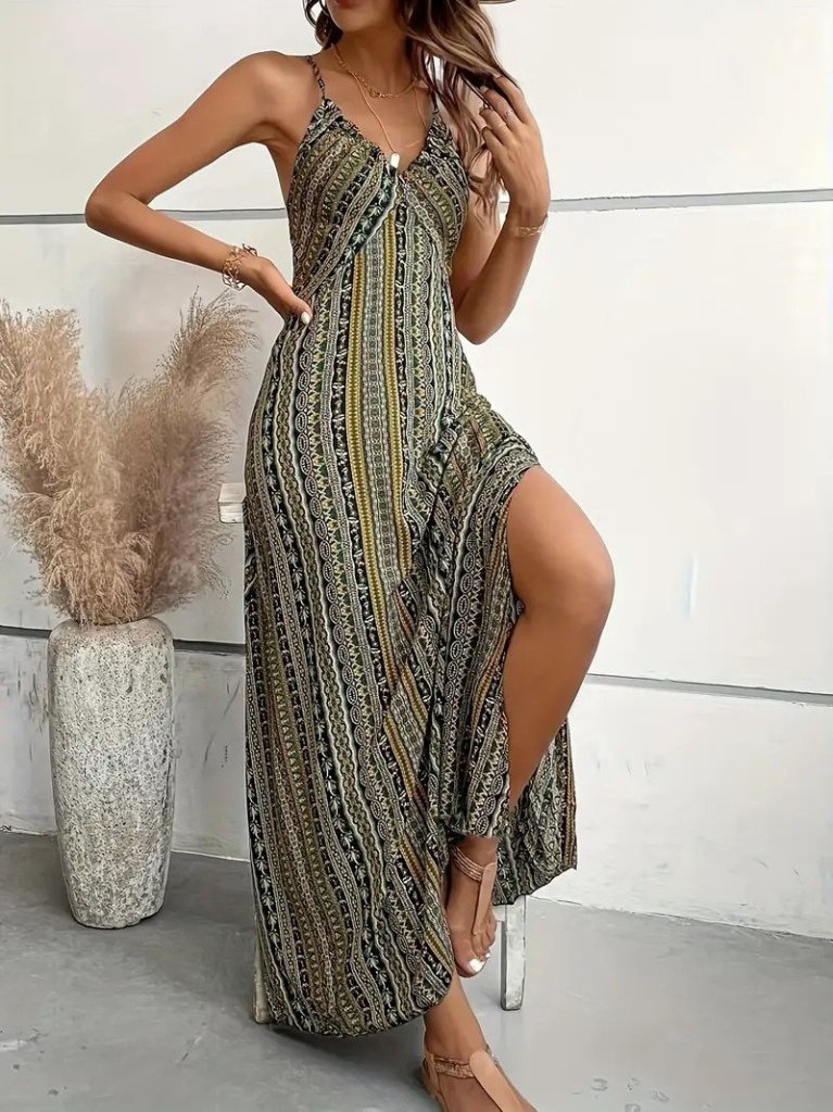 Kadın Ip Askılı Sırttan çapraz Detaylı Yırtmaçlı Desenli Süprem Elbise