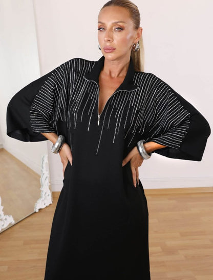 Kadın Hakim Yaka Fakir Kol Taş Detay Maxi Boy Salaş Elbise