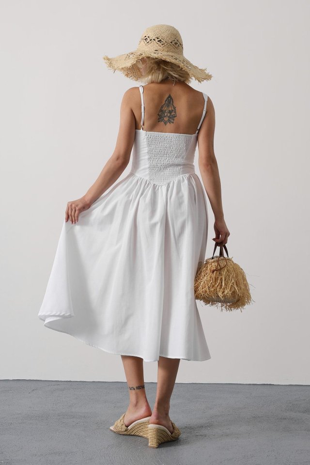 Askılı Uzun Elbise - Beyaz