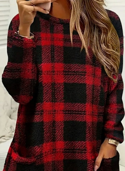 Kadın Uzun Kollu Yarı Balıkçı Yakalı Cep Detaylı Ekoseli Dokuma Tunik