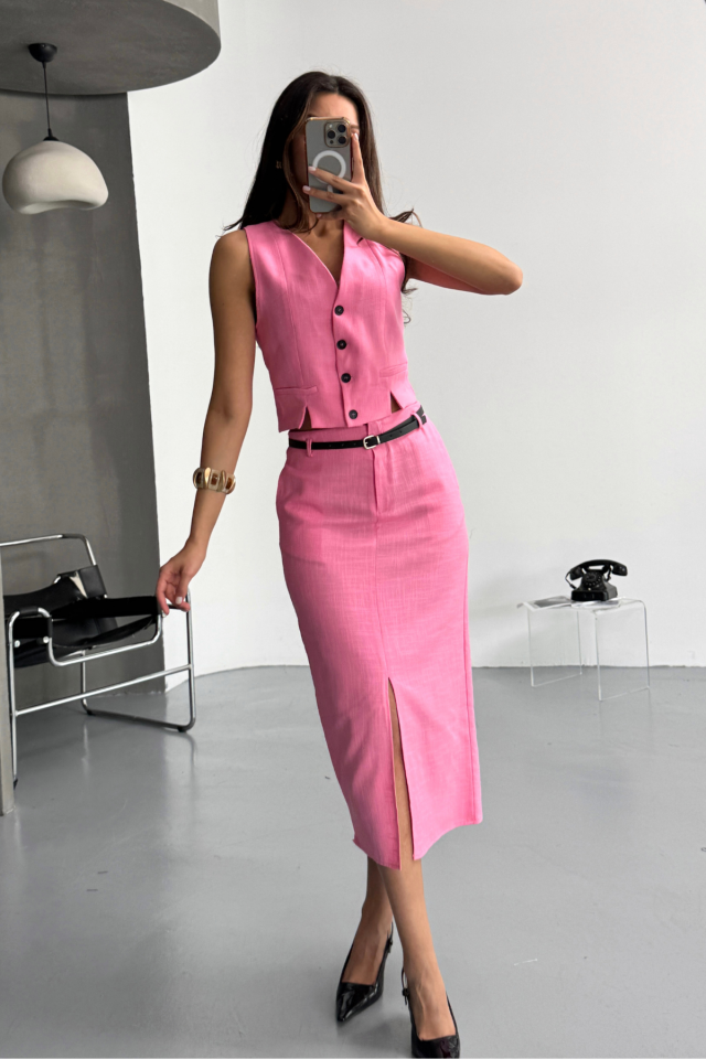 YELEK-ÖNDEN YIRTMAÇLI ETEK TK ŞANTUK KETEN - Pembe