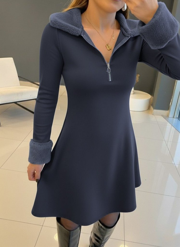 Kadın Uzun Kollu Kürk Yakalı Fermuarlı Mini Viskon Iki Iplik Elbise