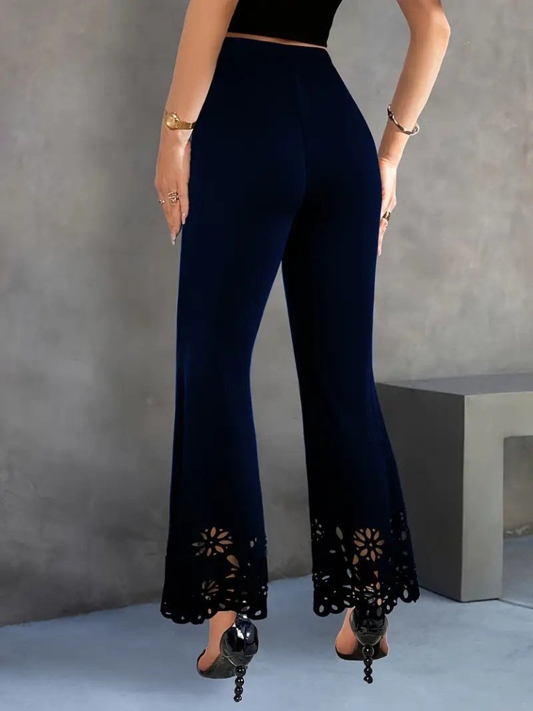 Kadın Yüksek Bel Paçaya Doğru Genişleyen Lazer çiçek Kesim Detaylı Ithal Krep Pantolon