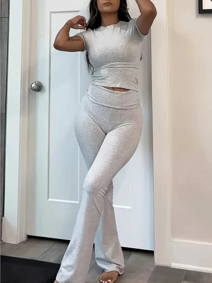 Kadın Kısa Kollu Bisiklet Yaka Alt Ispanyol Paça Viskon Ikili Takım