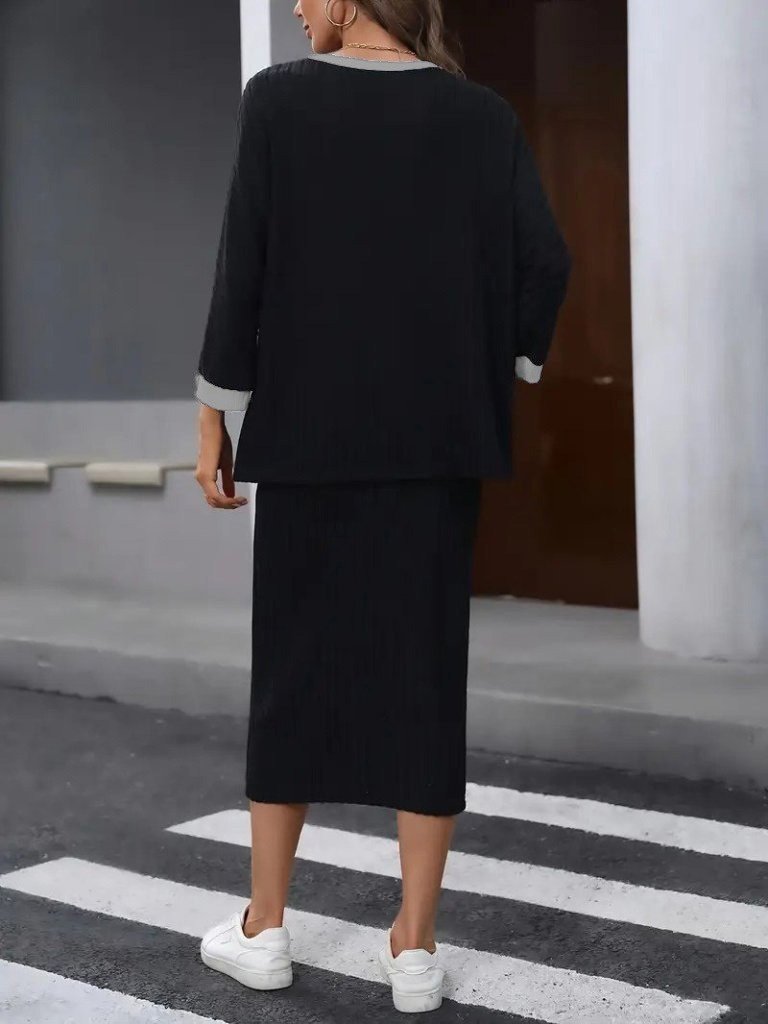 Kadın Uzun Kollu Yakası Açık şardonlu Kaşkorse Bluz Ve Eteği Bağcıklı Ikili Takım