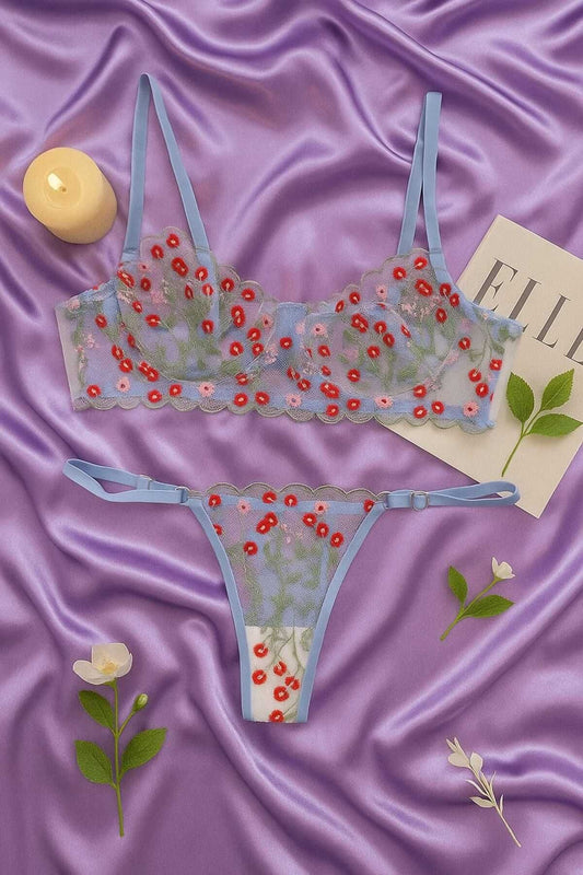 Dantel İşlemeli Çiçek Desenli Transparan Bralet  Tanga Takım - Mavi