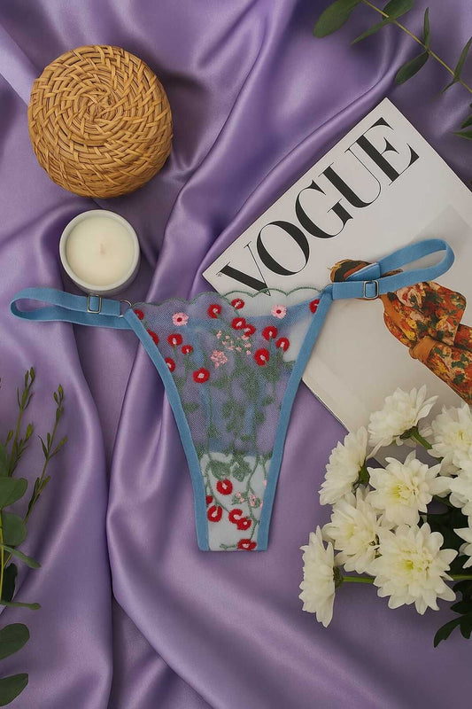 Dantel İşlemeli Çiçek Desenli Transparan Bralet  Tanga Takım - Mavi