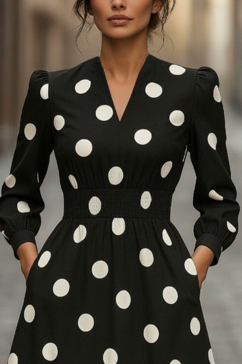 Kadın Uzun Kollu V Yakalı Beli Lastikli Puantiyeli Uzun Krep Elbise