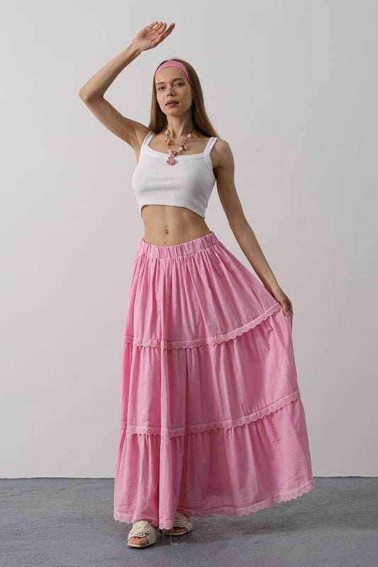 Dantel Detaylı Etek - Pembe