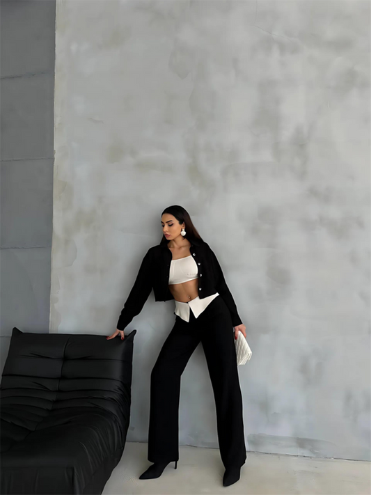 KETEN GÖMLEK-CROP-SALAŞ PANTOLON TAKIM - Siyah