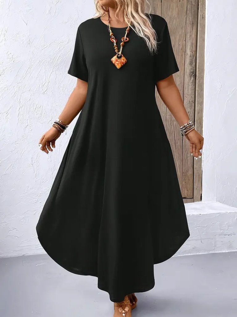 Kadın Kısa Kollu Bisiklet Yaka Cepli Salaş Viskon Elbise