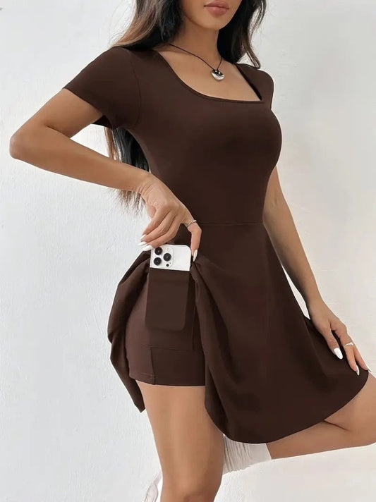 Kadın Kısa Kollu Kare Yaka Short Detaylı Cepli Dalgıç Elbise