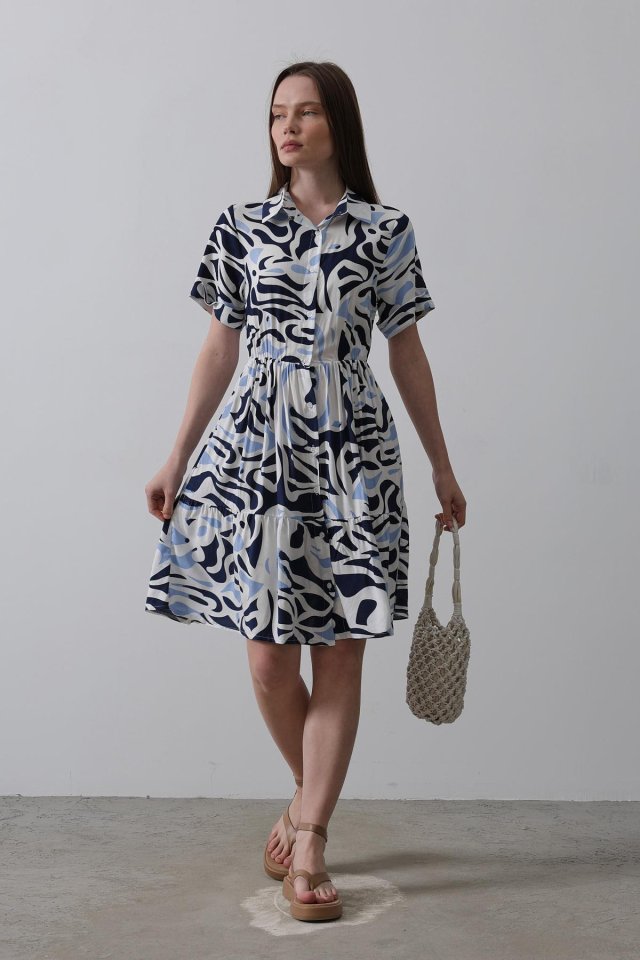 Baskılı Keten Elbise - Lacivert