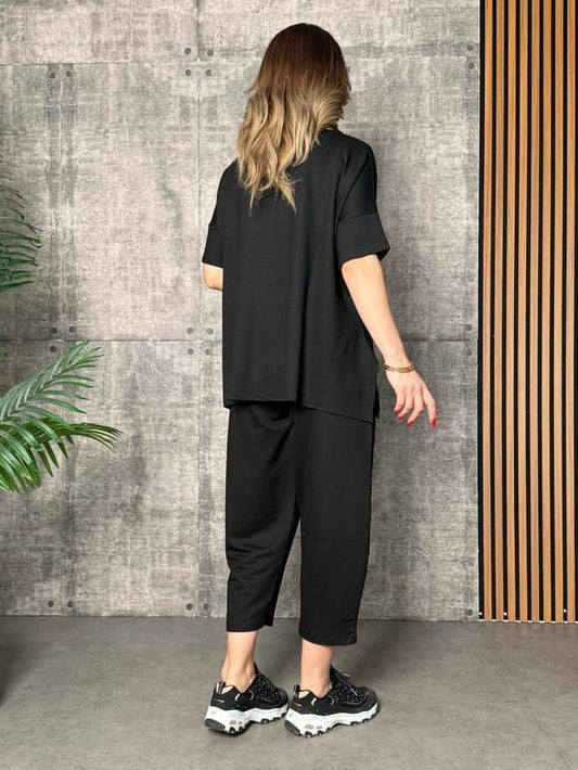 Kadın Kısa Kollu Bisiklet Yaka Viskon Iki Iplik Bluz Ve Pantolon Ikili Takım