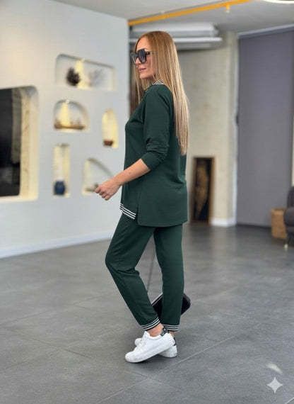 Kadın Uzun Kollu Fermuarlı şerit Detay Desenli Alt üst Ikili Viskon Iki Iplik Takım