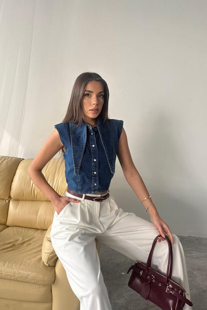 Mavi Yaka Detaylı Denim Crop