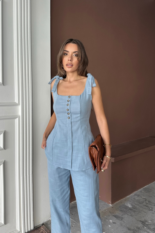 ŞANTUK KETEN YELEK GÖRÜNÜMLÜASKILI BLUZ - PANTOLON TK - Mavi