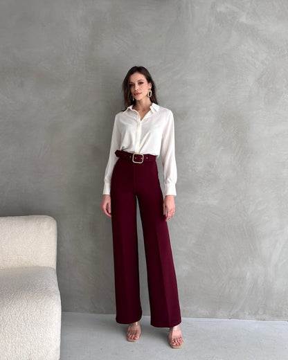 Kadın Yüksek Bel Krep Kumaş Full Likralı Ispanyol Paça Kemer Dahil Pantolon