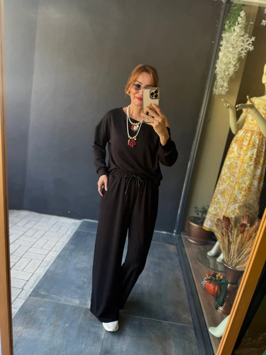 Kadın Uzun Kollu Tek Omuzdan Açık Viskon Iki Iplik Bluz Ve Pantolon Ikili Takım