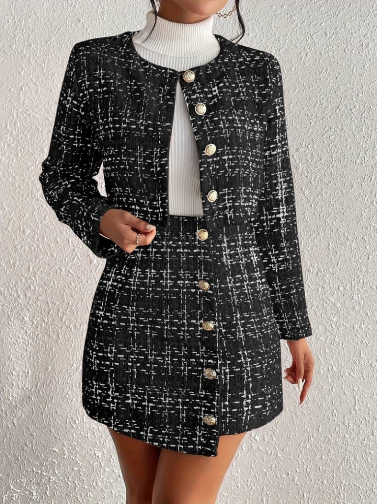 Kadın Uzun Kollu önü Düğmeli şanel Ceket Ve Etek Takım