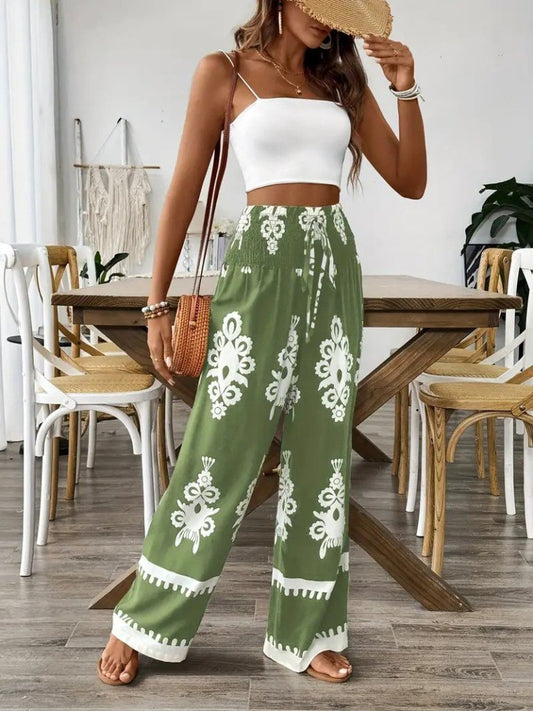 Kadın Yüksek Bel Büzgülü Etnik Desen Baskılı Süprem Pantolon