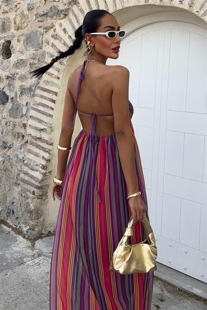 Askılı Pile Detaylı Renkli Maxi Elbise 2748