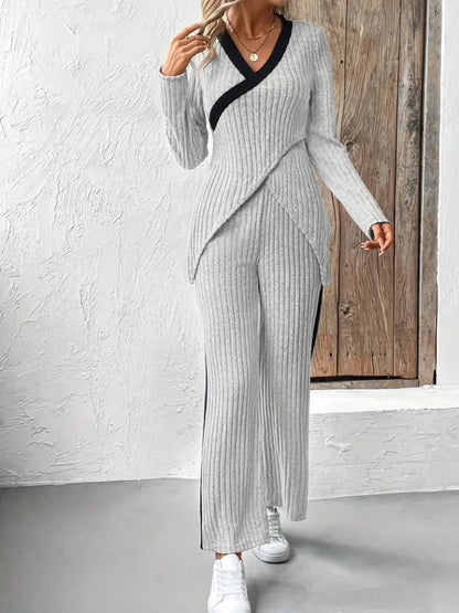 Kadın Uzun Kollu V Yakalı çapraz Detaylı şardonlu Kaşkorse Bluz Ve Pantolon Ikili Takım