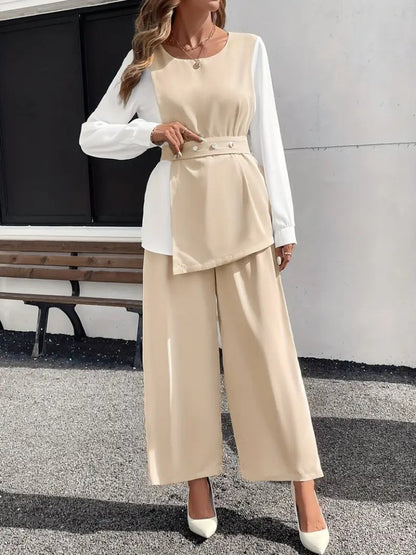 Kadın Uzun Kollu Açık Yakalı çift Renkli Kemerli Ithal Krep Ikili Takım