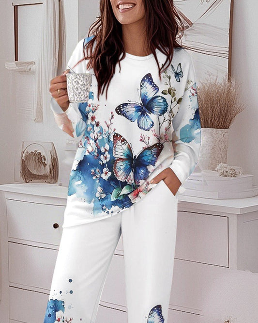 Kadın Uzun Kollu Bisiklet Yaka Kelebek Desenli Iki Iplik Alt üst Takım