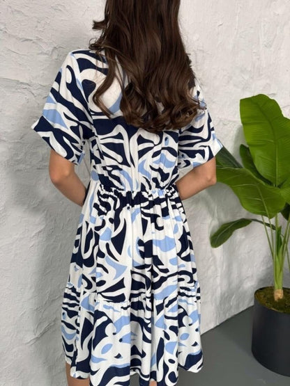 Baskılı Keten Elbise - Lacivert