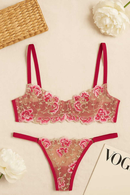 Fuşya Çiçek İşlemeli Transparan Bralet ve Tanga Takım