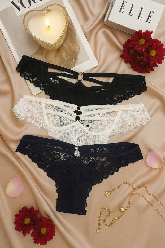 Kadın Dantel Detaylı Külot 3 lü Set - Siyah Beyaz