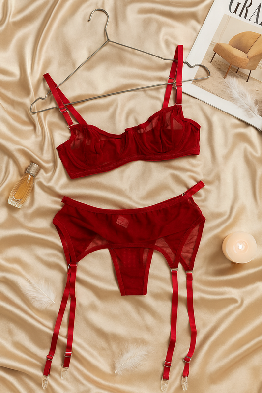 Kırmızı Şeffaf Jartiyerli Sütyen Külot Takımı