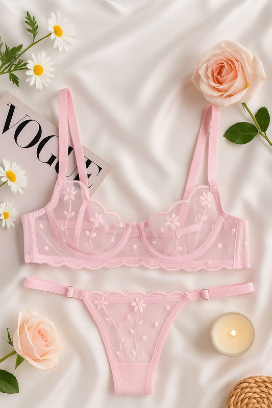 Pembe Çiçek Desenli Dantel Bralet  Külot İç Giyim Takımı