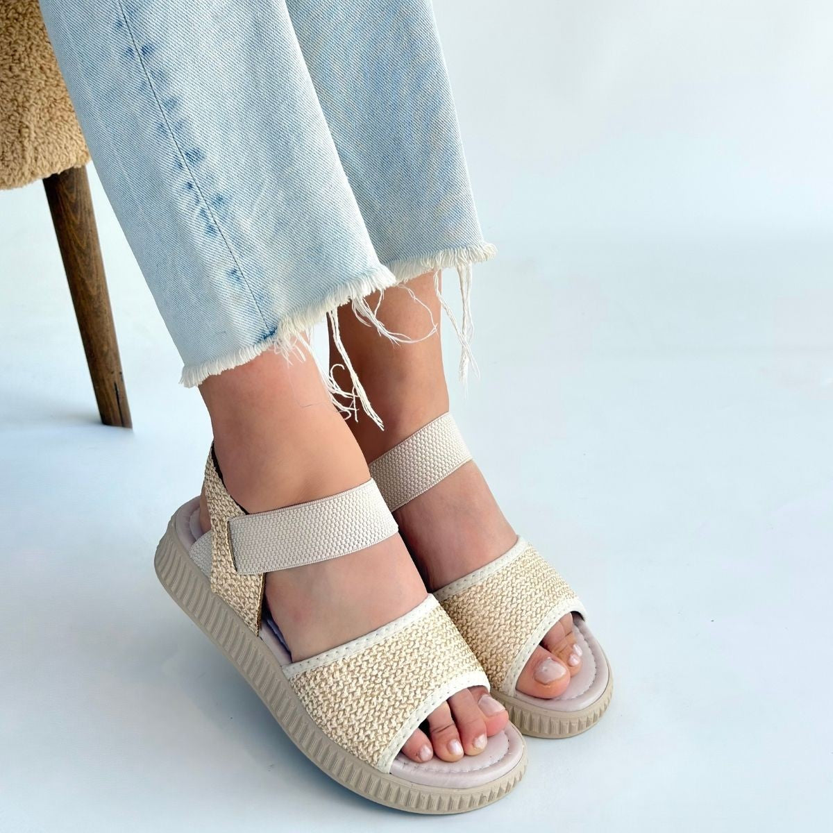 Jake Bej Hasır Cilt Sandalet