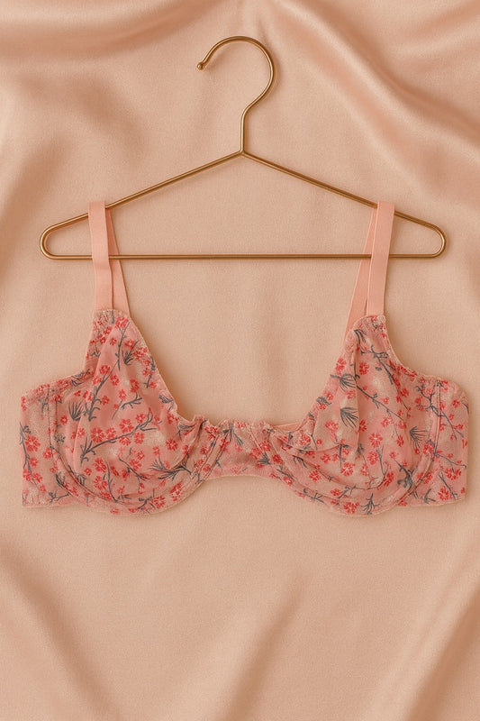 Pudra Çiçek Desenli Fırfırlı Tül Sütyen Külot Takımı