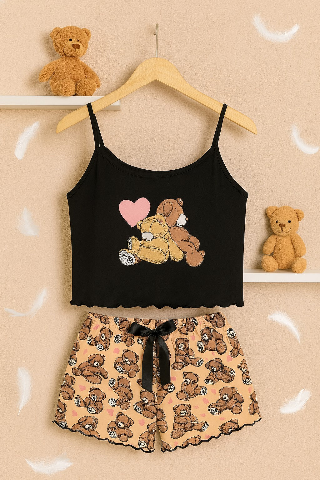 Ayıcık Baskılı Askılı Renkli Şortlu Kadın Pijama Seti