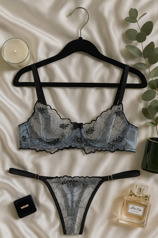 Siyah Çiçek Desenli Dantel Bralet  Külot İç Giyim Takımı