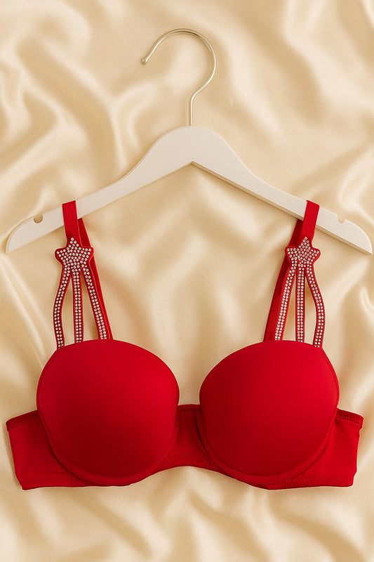 Taş Detaylı Kırmızı Push Up Sütyen Takımı